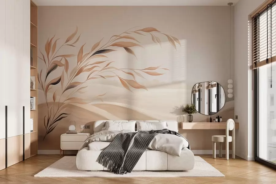 wall murals Меки пејзаж са граном преко брда у светлим беж тоновима w05297
