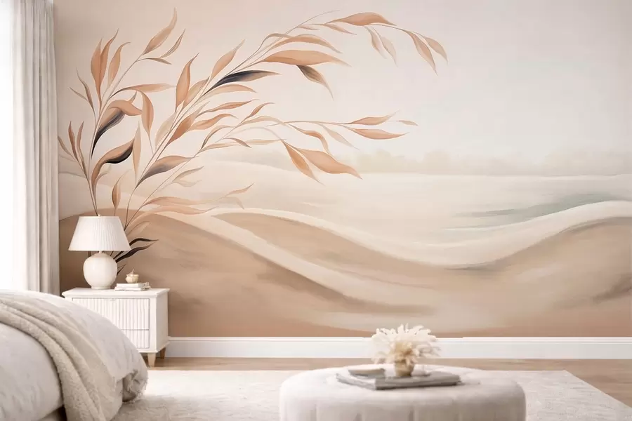wall murals Меки пејзаж са граном преко брда у светлим беж тоновима w05297
