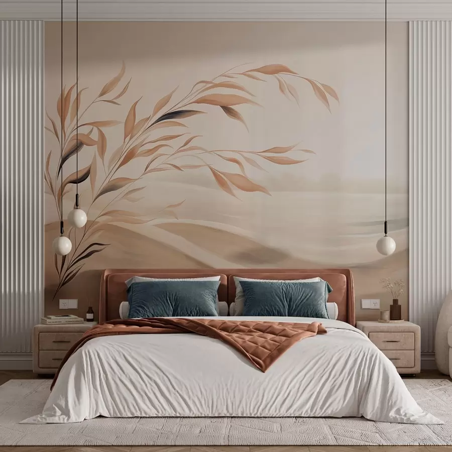 wall murals Меки пејзаж са граном преко брда у светлим беж тоновима w05297