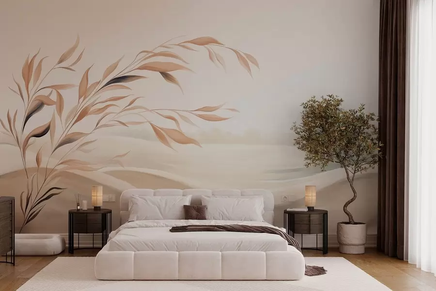 wall murals Меки пејзаж са граном преко брда у светлим беж тоновима w05297