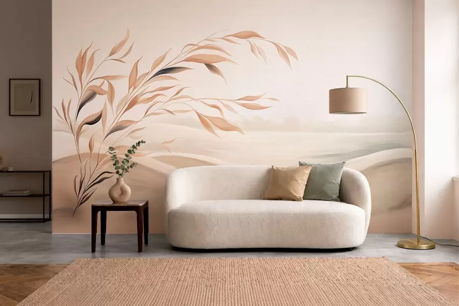 wall murals Меки пејзаж са граном преко брда у светлим беж тоновима w05297