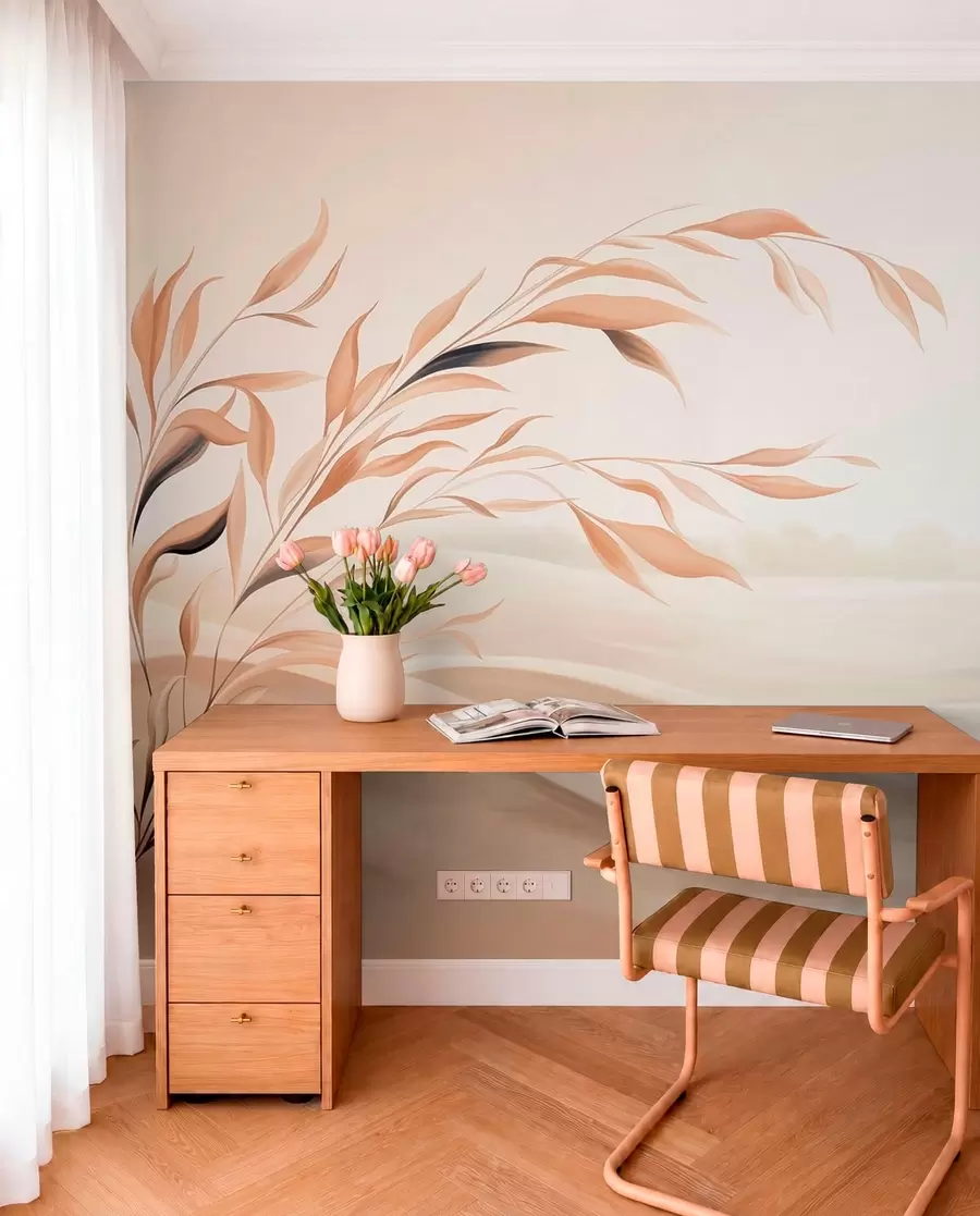 wall murals Меки пејзаж са граном преко брда у светлим беж тоновима w05297