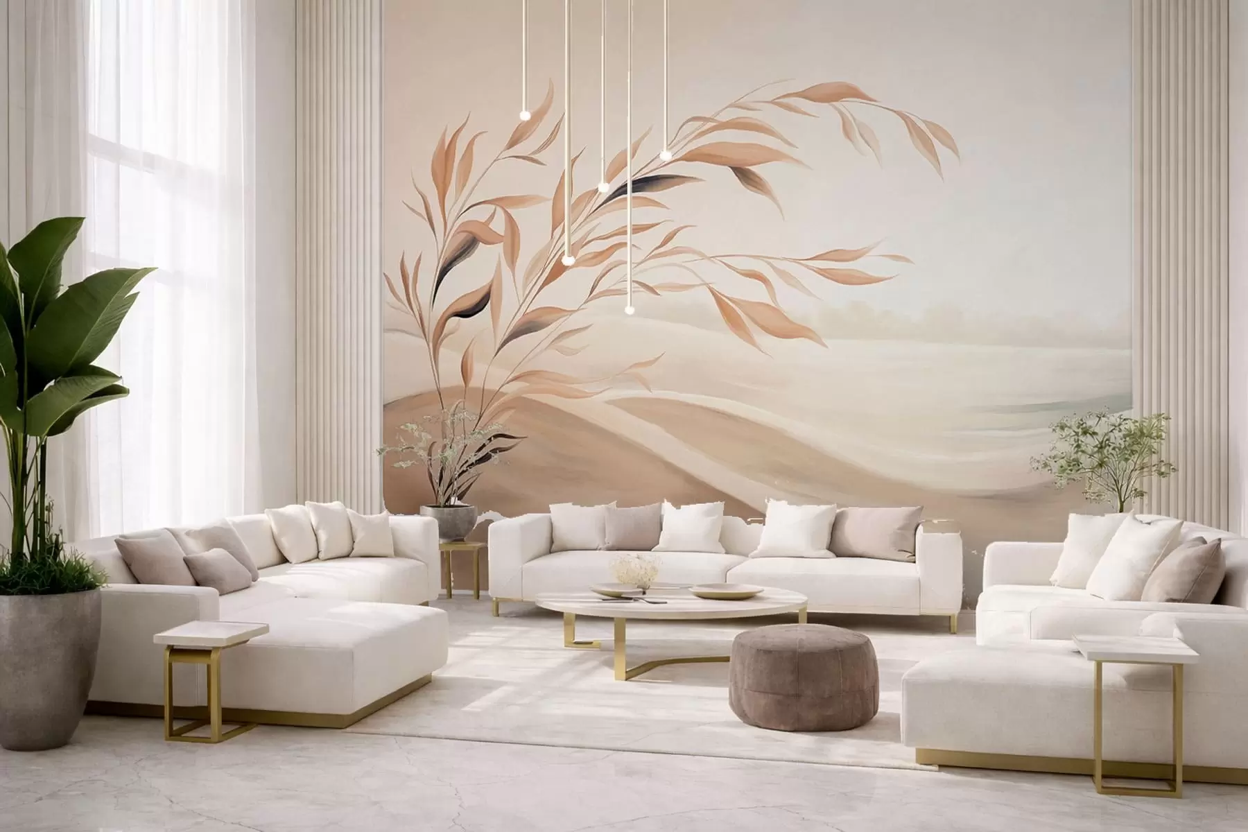 wall murals Меки пејзаж са граном преко брда у светлим беж тоновима w05297