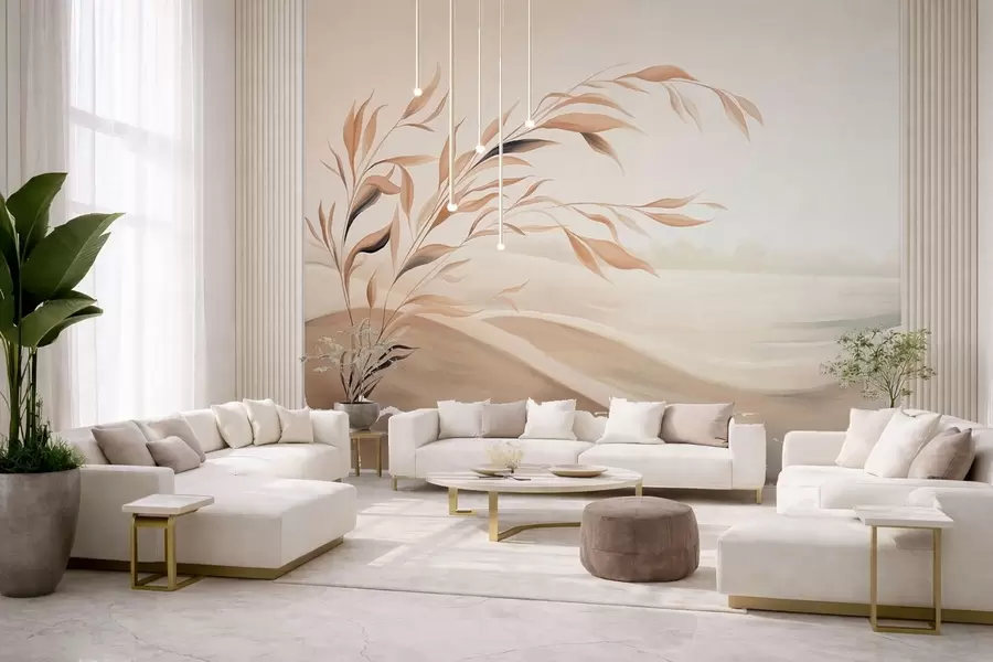 wall murals Меки пејзаж са граном преко брда у светлим беж тоновима w05297
