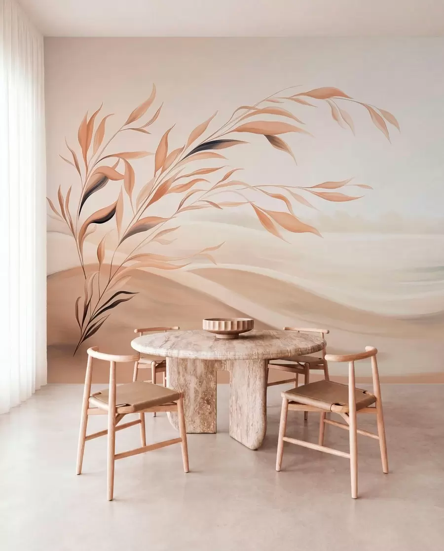 wall murals Меки пејзаж са граном преко брда у светлим беж тоновима w05297