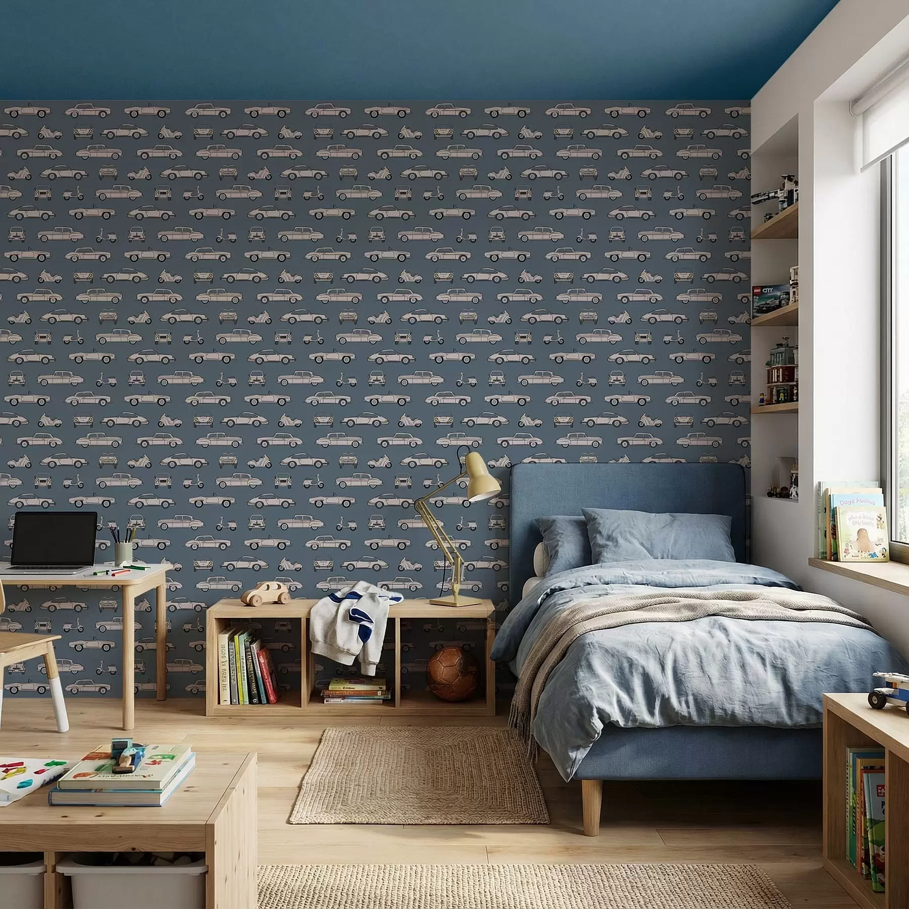 wall murals Ретро аутомобили и скутери на плавој позадини a01178