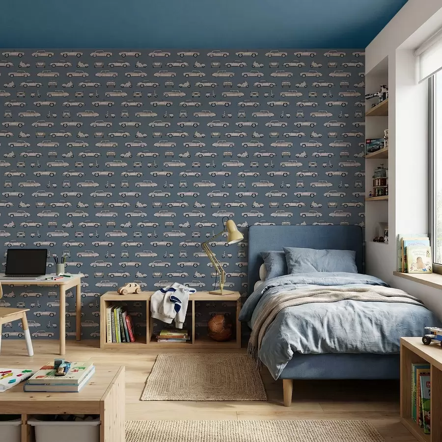 wall murals Ретро аутомобили и скутери на плавој позадини a01178