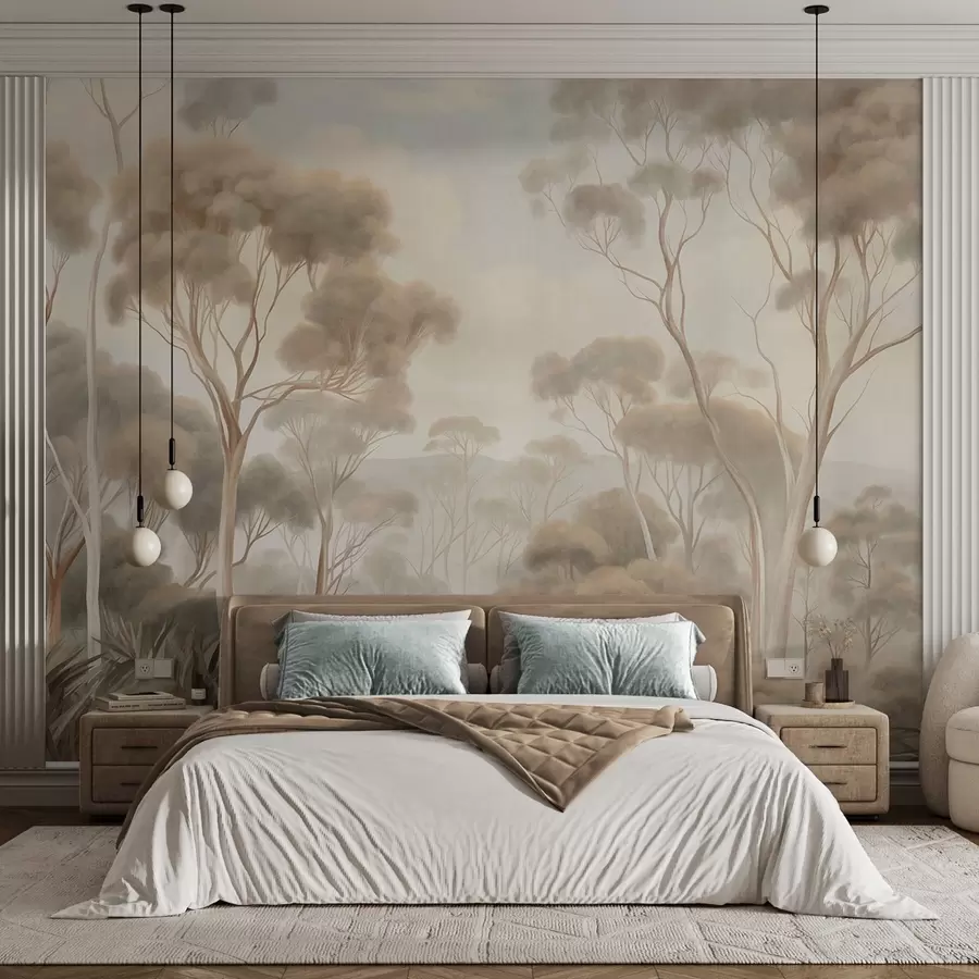 wall murals Магловити шумски пејзаж са високим стаблима еукалиптуса, са валовитим брдима под облачним небом, текстурирана уметност w09822