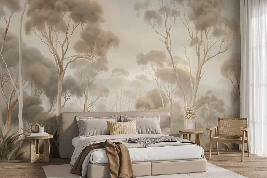 wall murals Магловити шумски пејзаж са високим стаблима еукалиптуса, са валовитим брдима под облачним небом, текстурирана уметност w09822