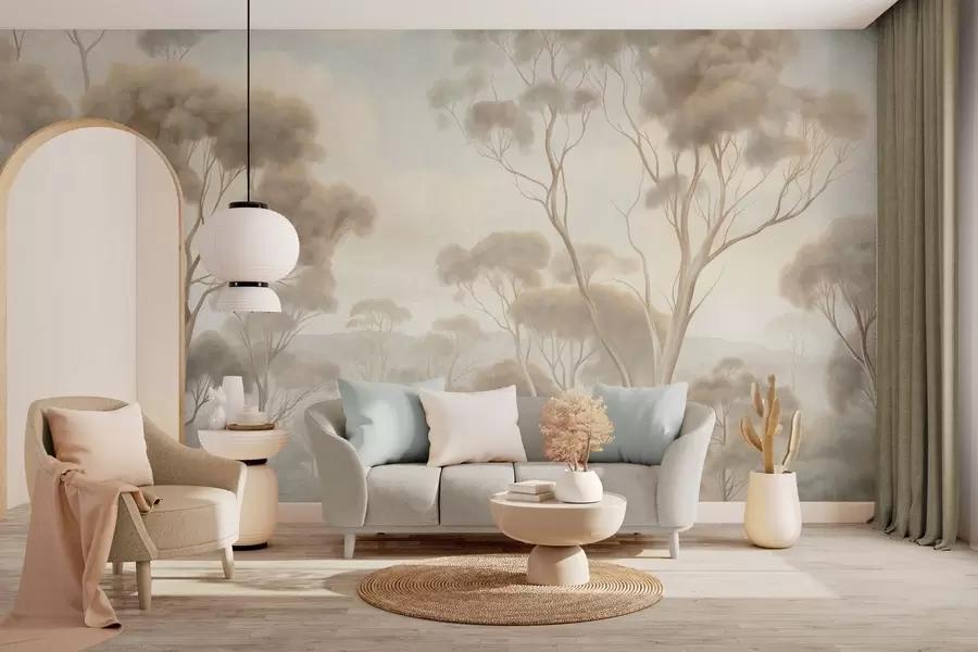 wall murals Магловити шумски пејзаж са високим стаблима еукалиптуса, са валовитим брдима под облачним небом, текстурирана уметност w09822