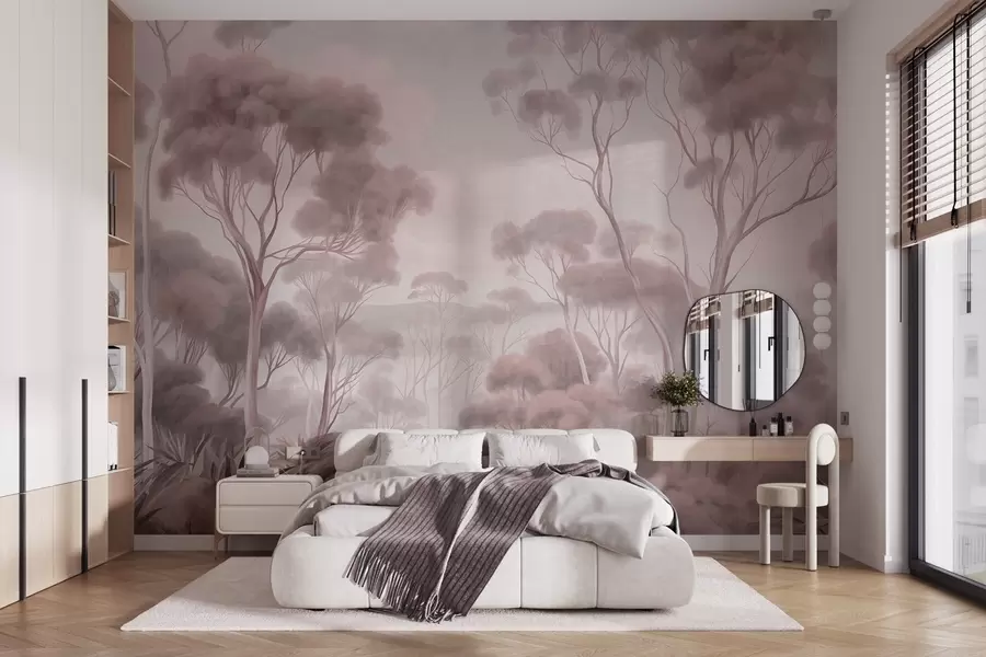 wall murals Магловити шумски пејзаж са високим стаблима еукалиптуса, са валовитим брдима под облачним небом, текстурирана уметност w09822v1