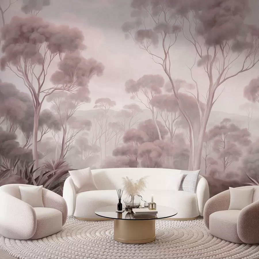 wall murals Магловити шумски пејзаж са високим стаблима еукалиптуса, са валовитим брдима под облачним небом, текстурирана уметност w09822v1