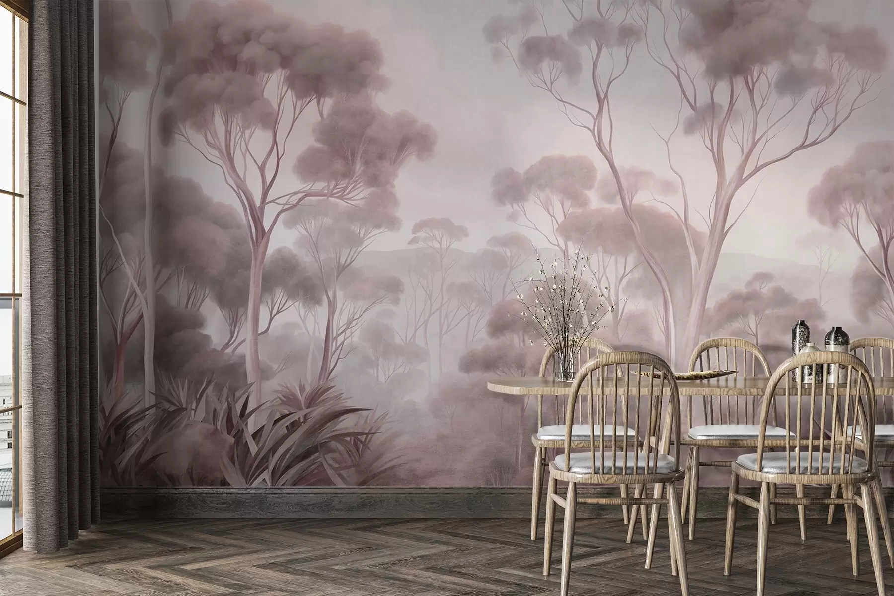 wall murals Магловити шумски пејзаж са високим стаблима еукалиптуса, са валовитим брдима под облачним небом, текстурирана уметност w09822v1
