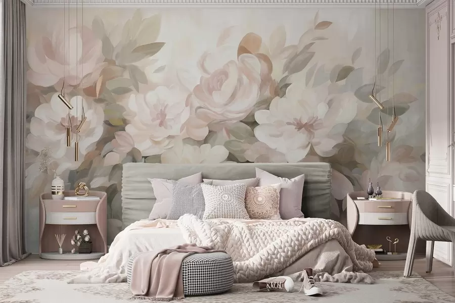 wall murals Бледо ружичасто и бело цвеће са зеленим листовима, осликани стил, импресионистички стил, текстурирана уметност w09824