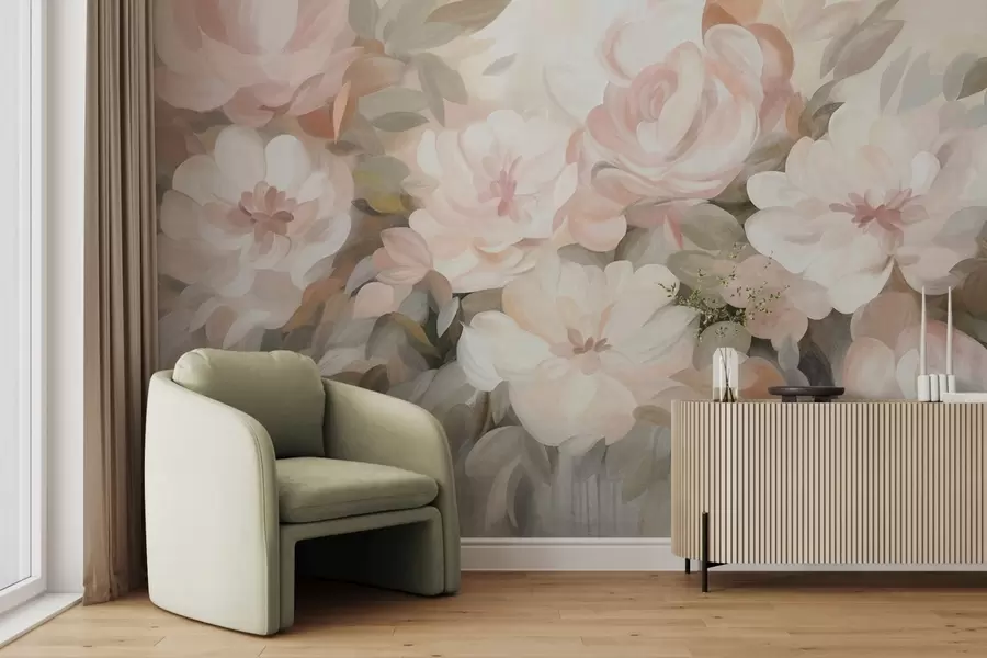 wall murals Бледо ружичасто и бело цвеће са зеленим листовима, осликани стил, импресионистички стил, текстурирана уметност w09824