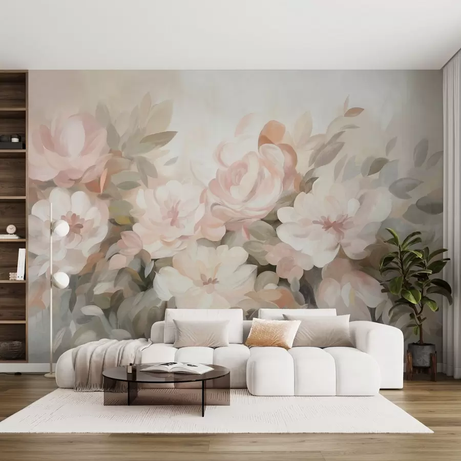 wall murals Бледо ружичасто и бело цвеће са зеленим листовима, осликани стил, импресионистички стил, текстурирана уметност w09824