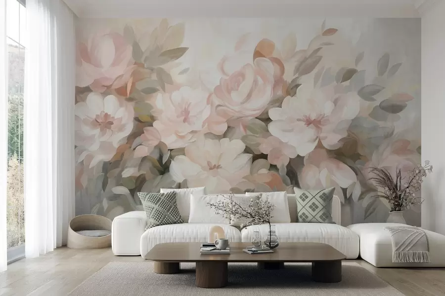 wall murals Бледо ружичасто и бело цвеће са зеленим листовима, осликани стил, импресионистички стил, текстурирана уметност w09824
