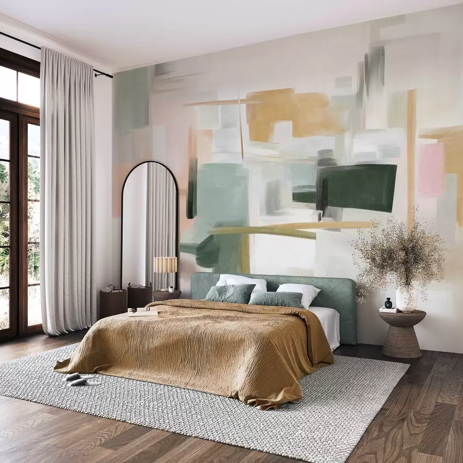 wall murals Апстрактни минималистички стил сликања са меким пастелним бојама, геометријским облицима и линијама w09828