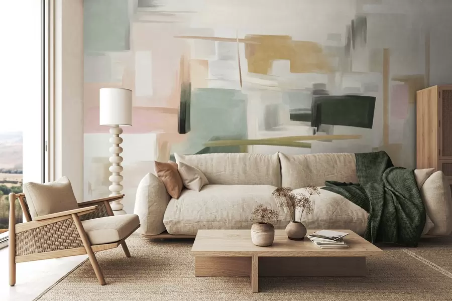 wall murals Апстрактни минималистички стил сликања са меким пастелним бојама, геометријским облицима и линијама w09828