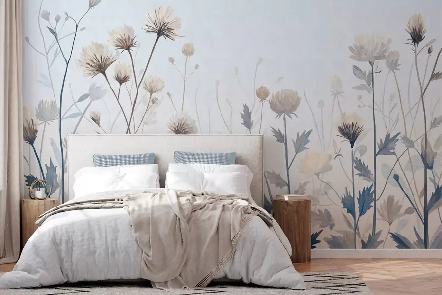 wall murals Дивље пољске траве и цвеће насликане у живописном стилу на светлој позадини w05563
