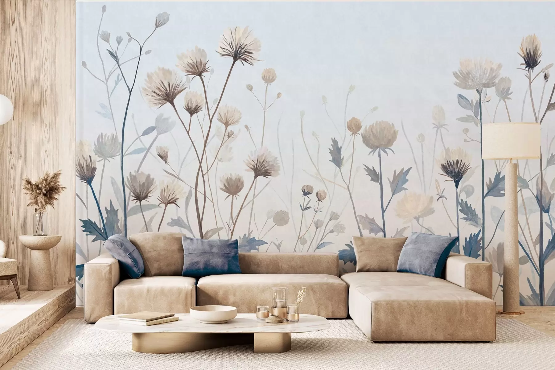 wall murals Дивље пољске траве и цвеће насликане у живописном стилу на светлој позадини w05563