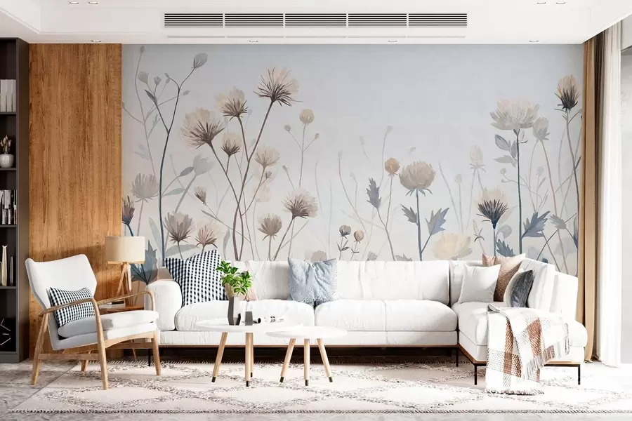 wall murals Дивље пољске траве и цвеће насликане у живописном стилу на светлој позадини w05563