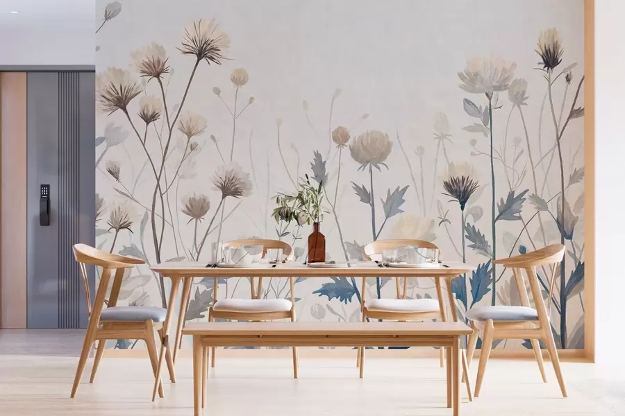 wall murals Дивље пољске траве и цвеће насликане у живописном стилу на светлој позадини w05563