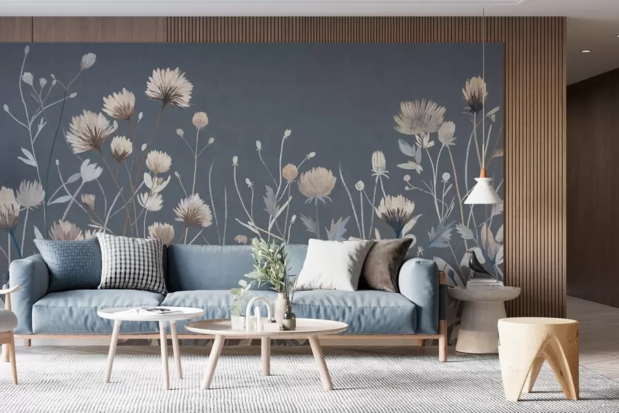 wall murals Дивље цвеће и траве приказане у сликарском стилу на тамноплавој позадини w05563v1
