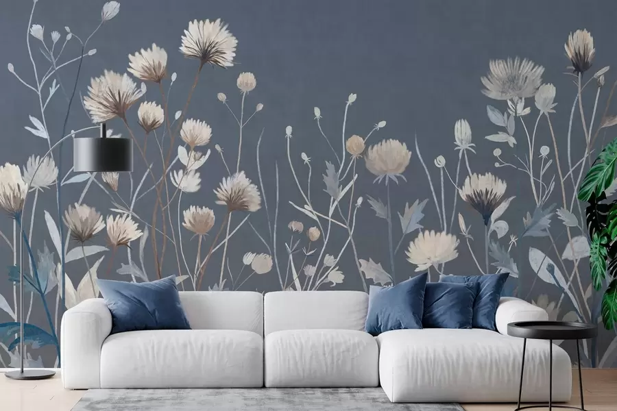 wall murals Дивље цвеће и траве приказане у сликарском стилу на тамноплавој позадини w05563v1