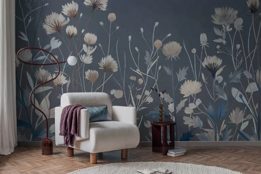 wall murals Дивље цвеће и траве приказане у сликарском стилу на тамноплавој позадини w05563v1