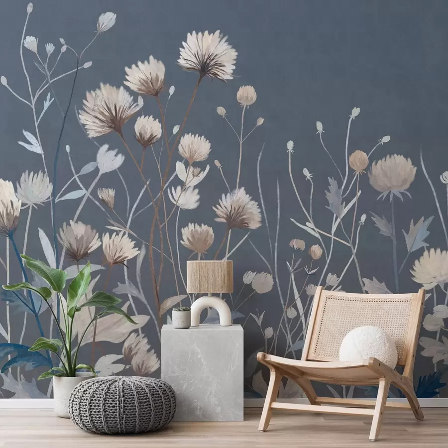 wall murals Дивље цвеће и траве приказане у сликарском стилу на тамноплавој позадини w05563v1