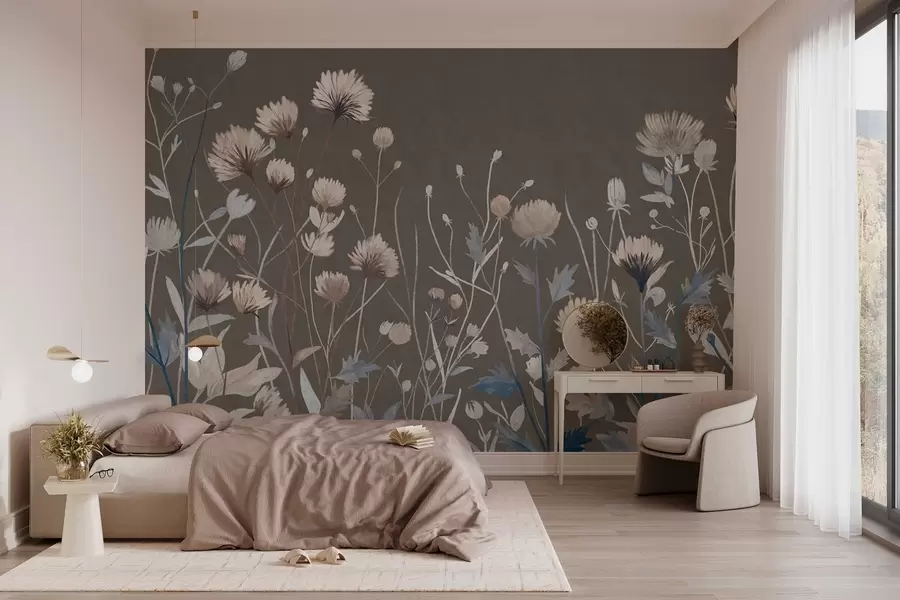 wall murals Дивље пољске траве и цвеће приказане у сликарском стилу на сиво-смеђој позадини w05563v2