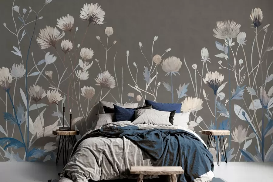 wall murals Дивље пољске траве и цвеће приказане у сликарском стилу на сиво-смеђој позадини w05563v2