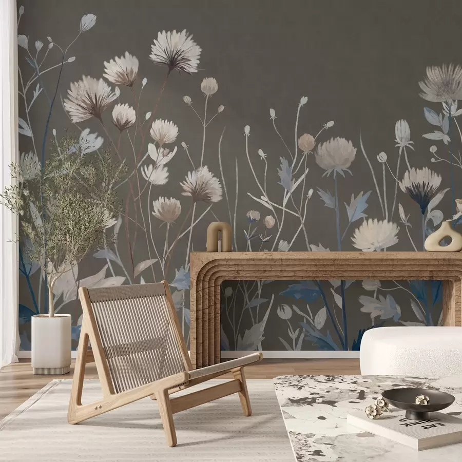 wall murals Дивље пољске траве и цвеће приказане у сликарском стилу на сиво-смеђој позадини w05563v2