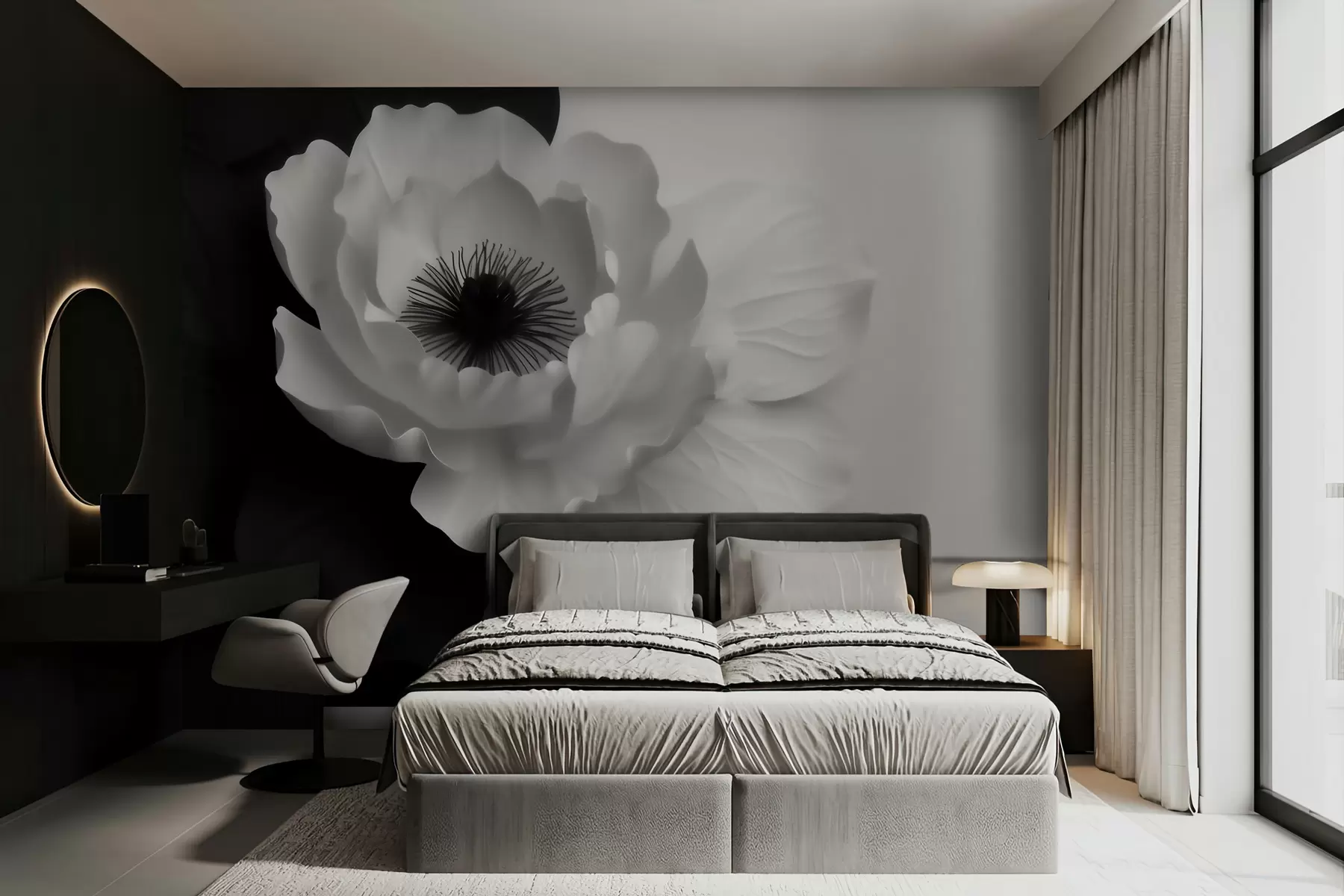 wall murals Контрастни бели цвет са тамним средиштем на црно-белој позадини w09852