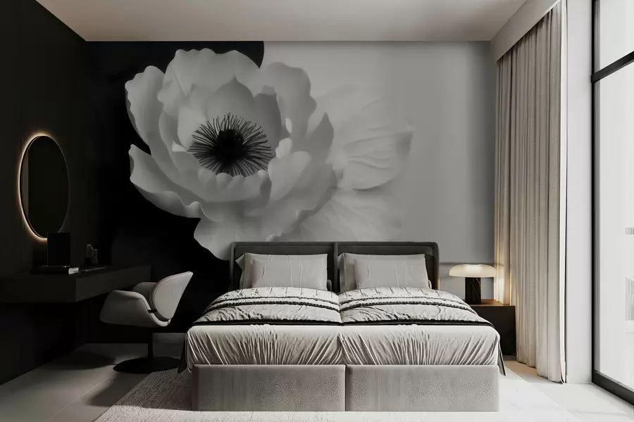 wall murals Контрастни бели цвет са тамним средиштем на црно-белој позадини w09852
