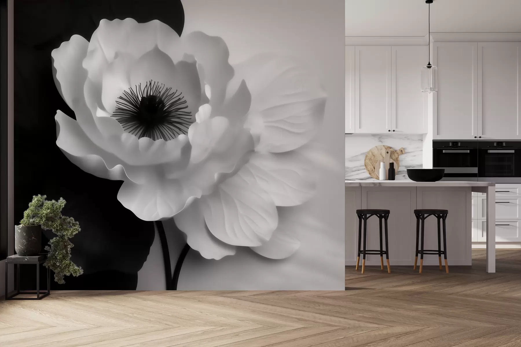 wall murals Контрастни бели цвет са тамним средиштем на црно-белој позадини w09852