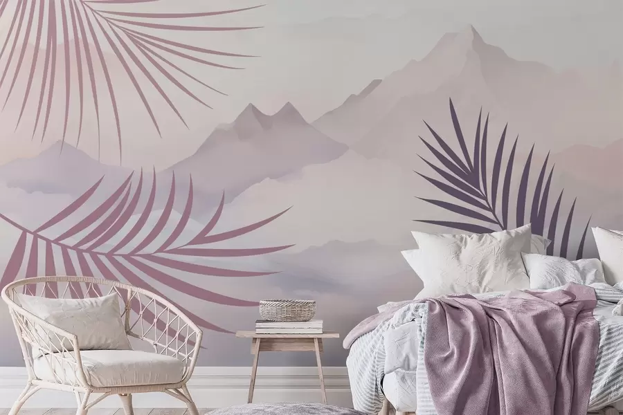 wall murals Палмино лишће на позадини планина w05548v1
