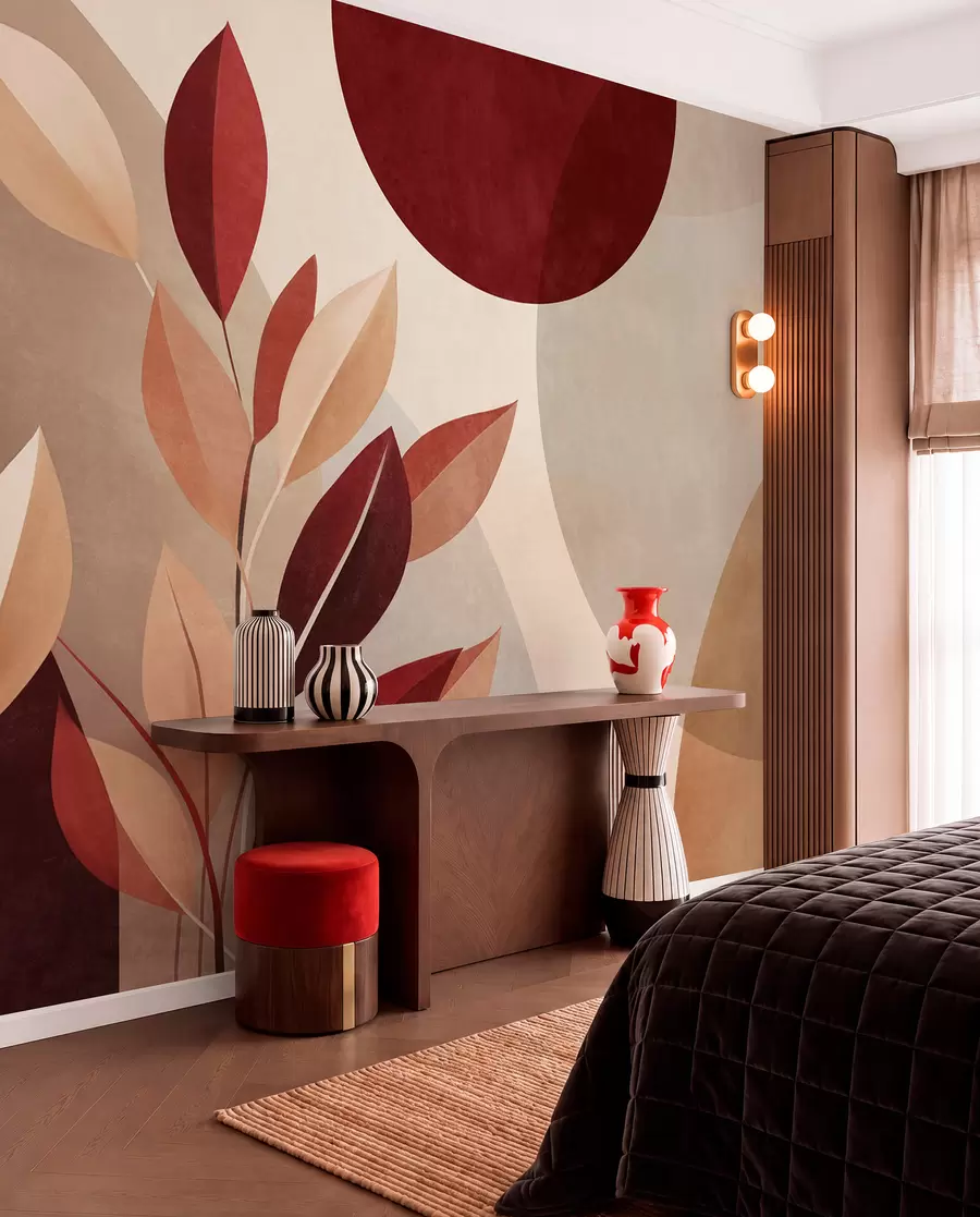 wall murals Текстурирано бордо и беж лишће на позадини апстрактних облика, минимализам, модерна уметност w09829