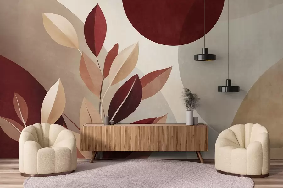 wall murals Текстурирано бордо и беж лишће на позадини апстрактних облика, минимализам, модерна уметност w09829