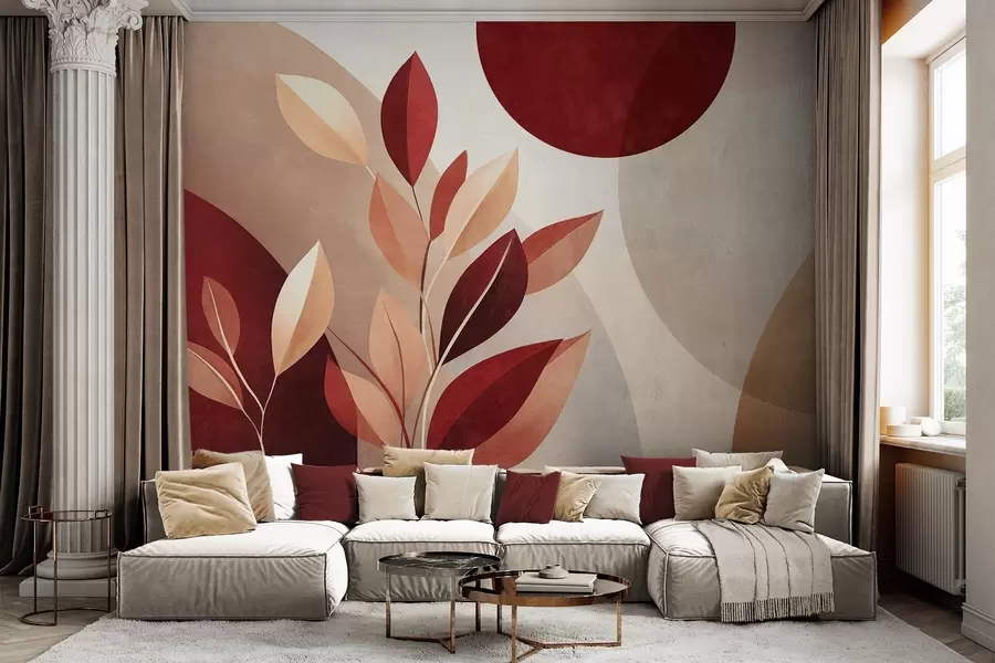 wall murals Текстурирано бордо и беж лишће на позадини апстрактних облика, минимализам, модерна уметност w09829