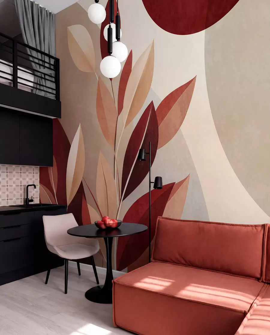 wall murals Текстурирано бордо и беж лишће на позадини апстрактних облика, минимализам, модерна уметност w09829
