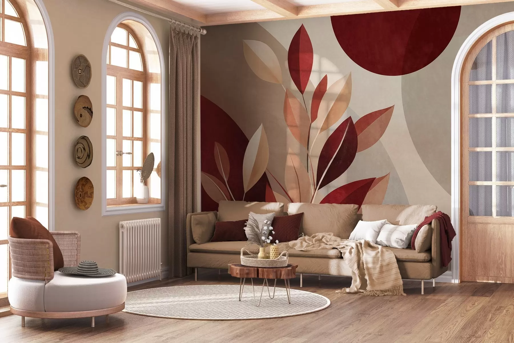 wall murals Текстурирано бордо и беж лишће на позадини апстрактних облика, минимализам, модерна уметност w09829