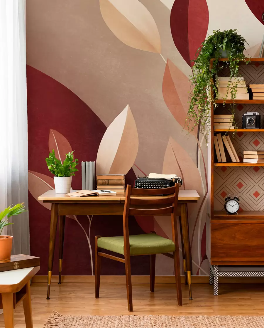 wall murals Текстурирано бордо и беж лишће на позадини апстрактних облика, минимализам, модерна уметност w09829