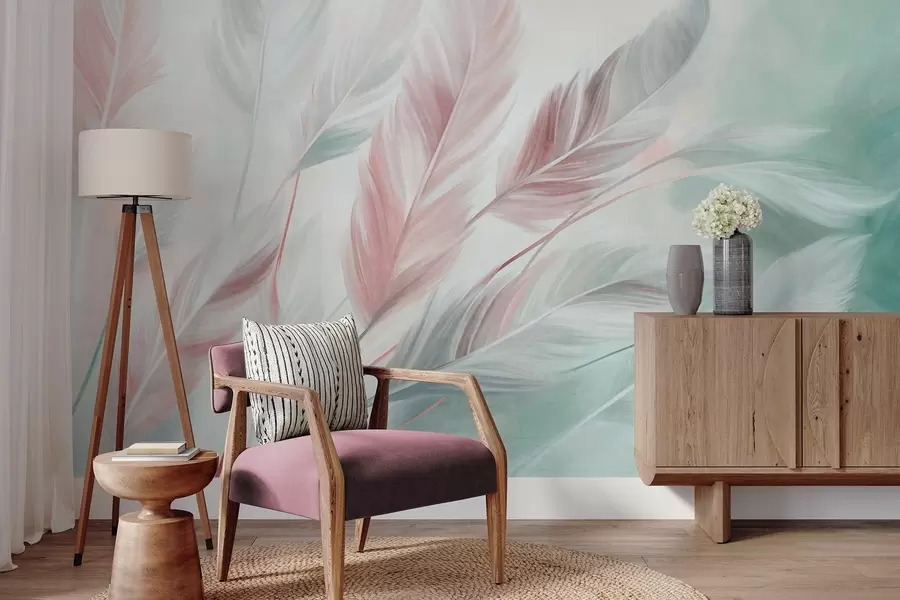 wall murals Текстурирано пастелно перје са меким, танким ивицама, на позадини у акварел стилу w09833v1