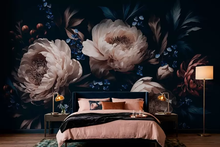 wall murals Тамна цветна композиција са великим цветовима и листовима w05533