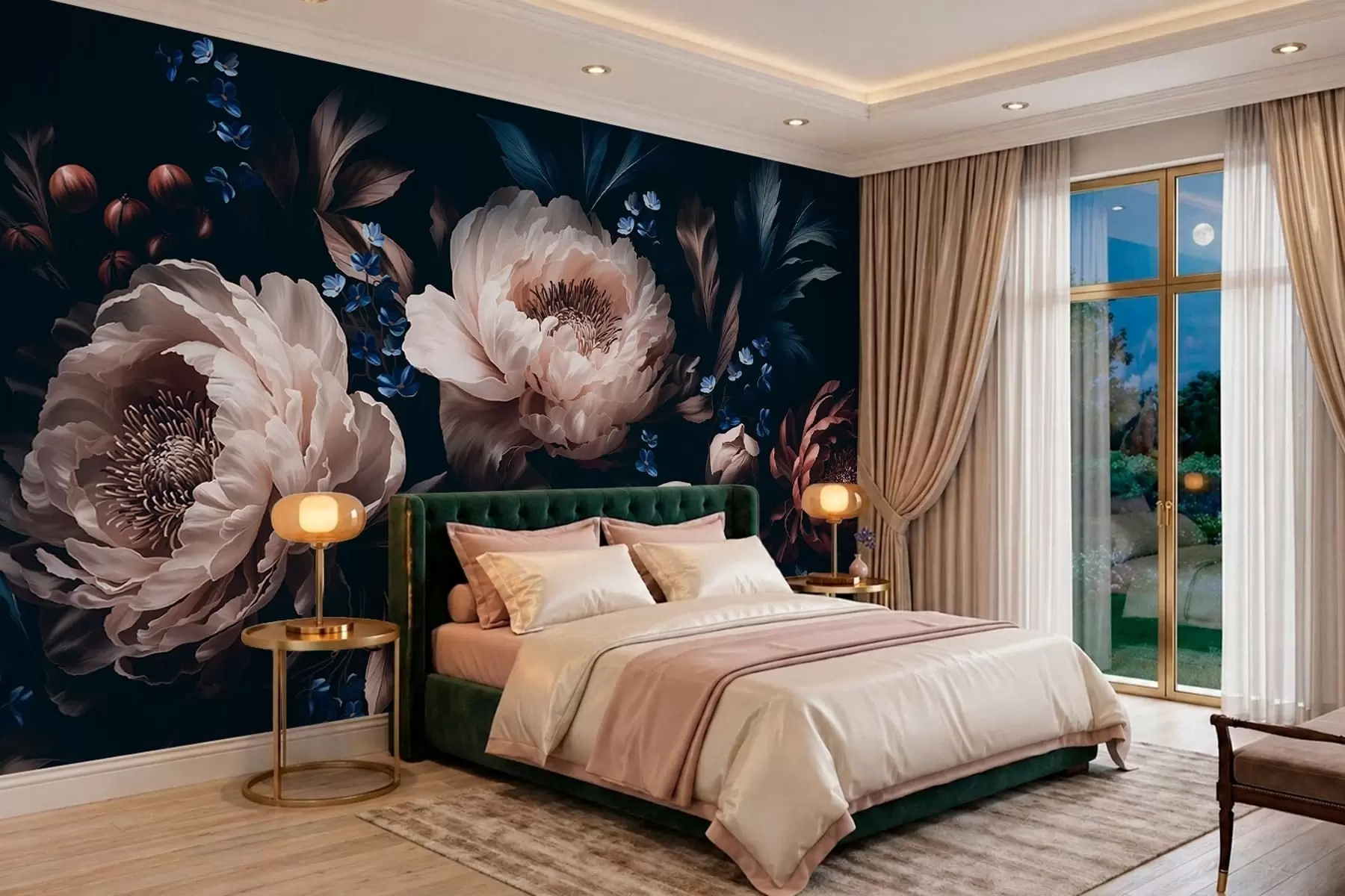 wall murals Тамна цветна композиција са великим цветовима и листовима w05533