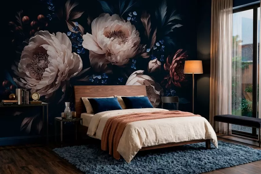 wall murals Тамна цветна композиција са великим цветовима и листовима w05533