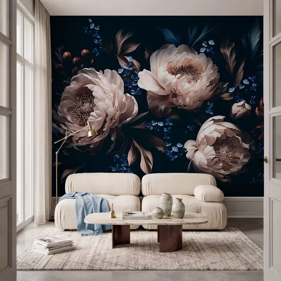 wall murals Тамна цветна композиција са великим цветовима и листовима w05533
