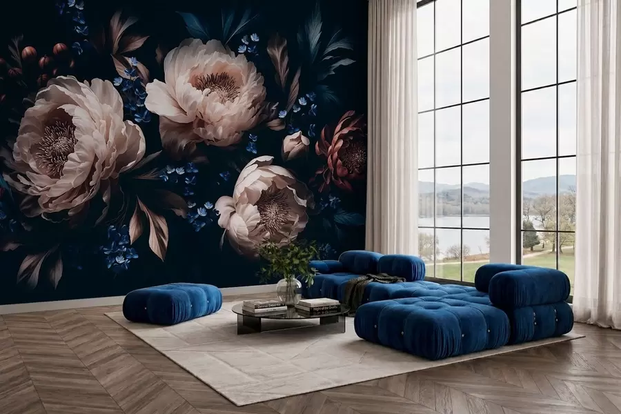 wall murals Тамна цветна композиција са великим цветовима и листовима w05533
